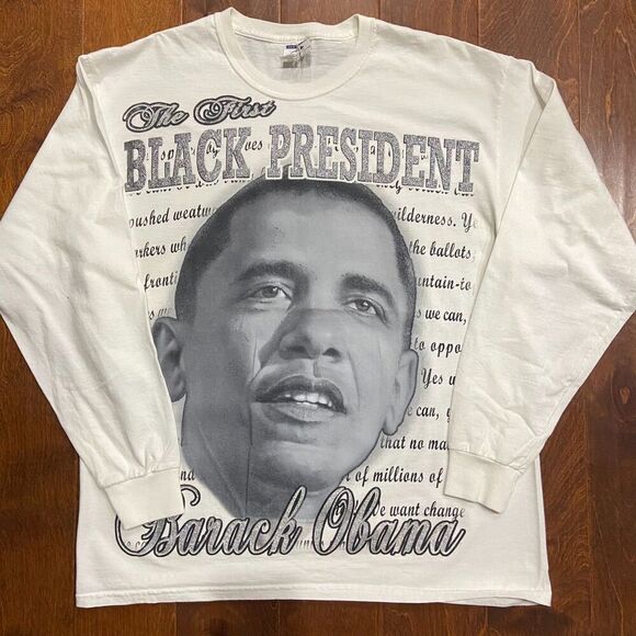 Jerzees Vintage Y2K Barack Obama President White Black T-Shirt Mens Size XL - Picture 3 of 8